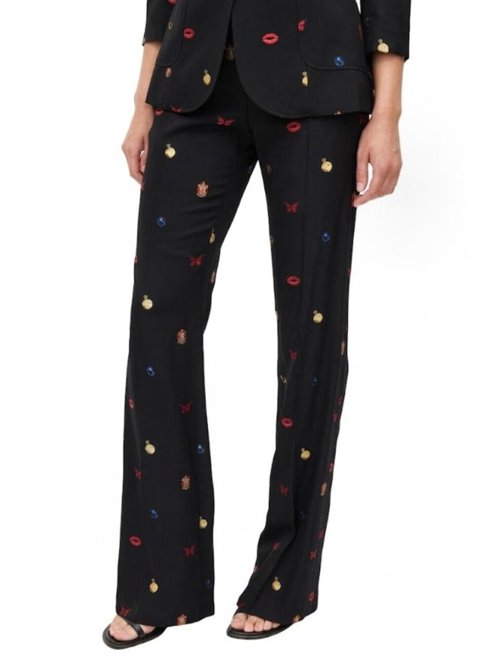 Alexander McQueen Black Appliquéd Novelty Flared Pants, Womens Sz IT 36 (US 0/2)